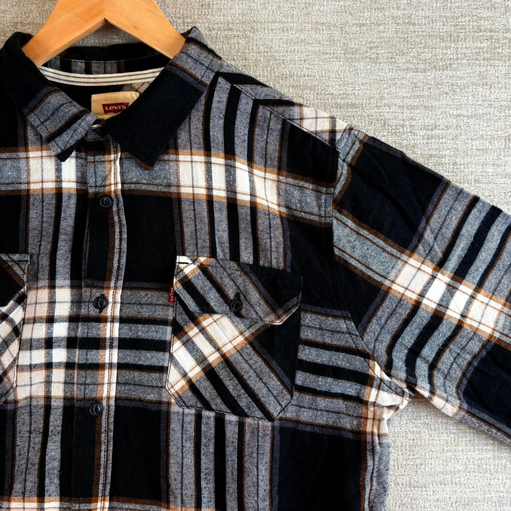 Levi's Classic Relaxed Flannel Worker Shirt Mens L Black Coffee Plaid 2 Pocket